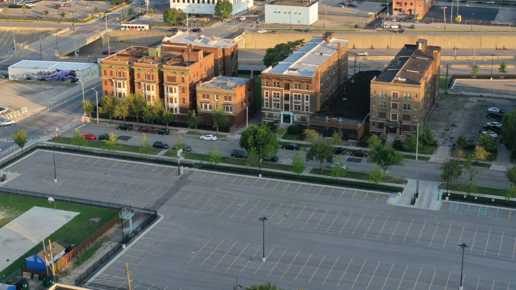 An aerial photograph of the apartments in the Cass-Henry Historic District.