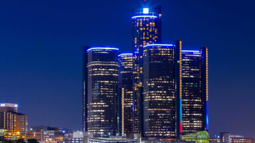 The Renaissance Center at night